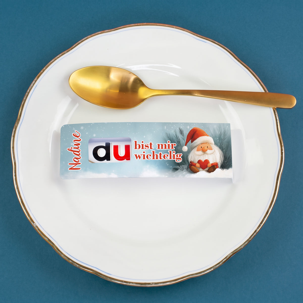 Personalisierter duplo Riegel als Platzkarte und Gastgeschenk für die Weihnachtstafel