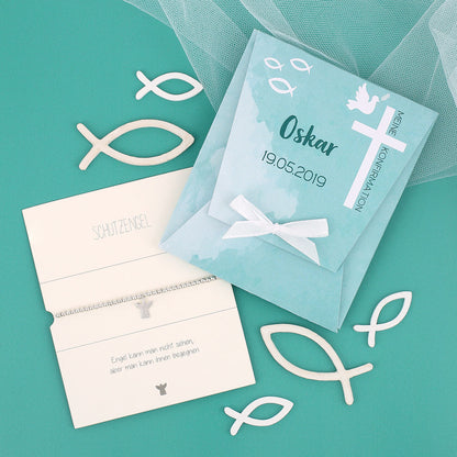 Schutzengel Armband zur Konfirmation in personalisierter Geschenkverpackung in Türkis