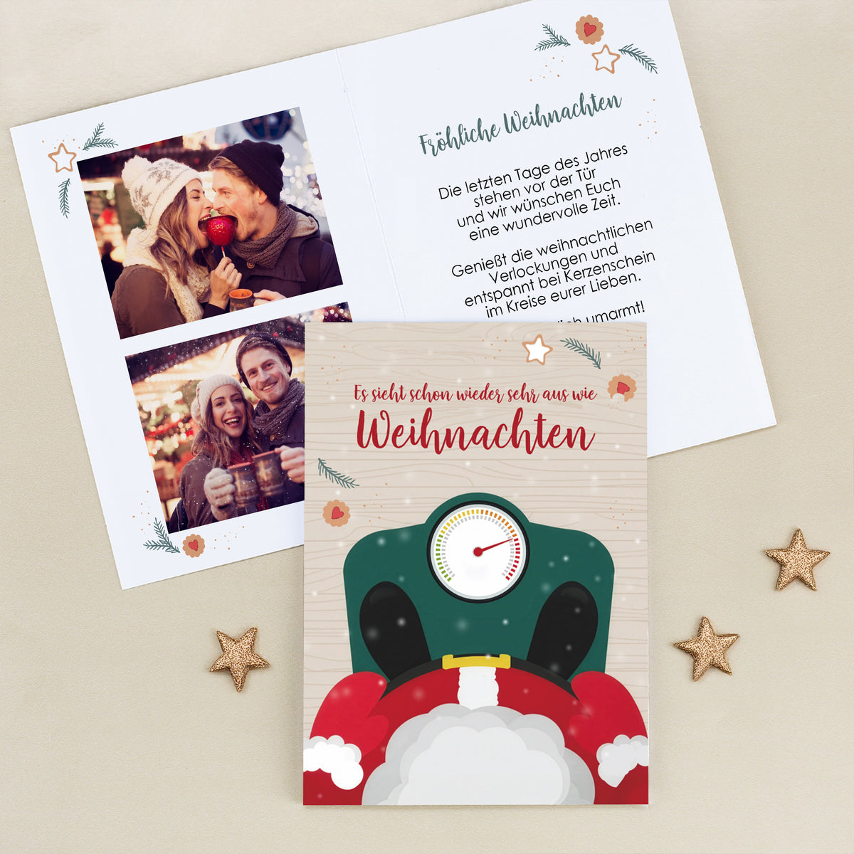 Humorvolle Weihnachtskarte mit Foto- und Textpersonalisierung im festlichen Design