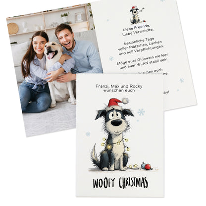 Personalisierbare Klappkarte zu Weihnachten mit Foto auf der Innenseite und Hundemotiv.