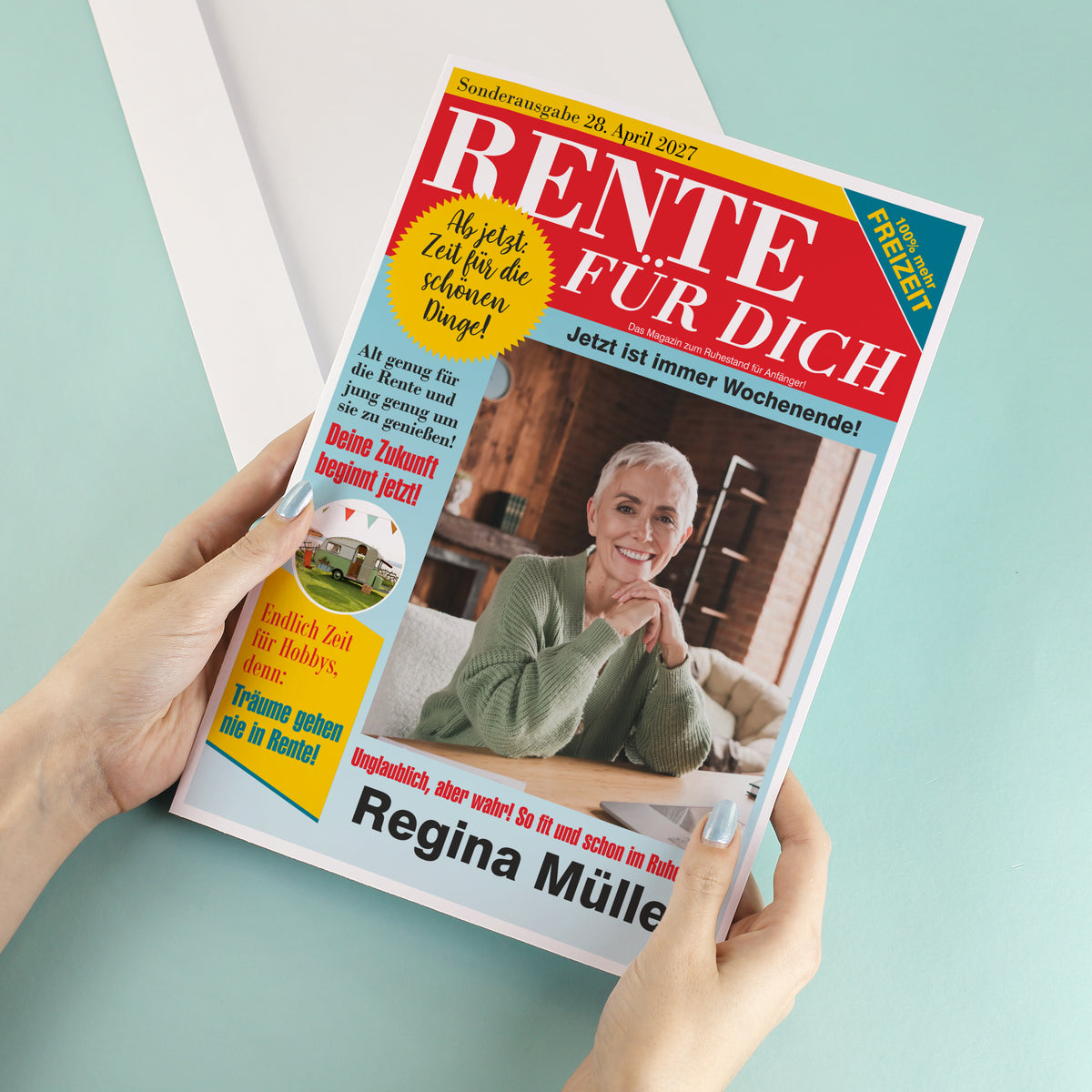 Große Klappkarte A4 zur Rente im Boulevard-Zeitungsdesign mit Foto & Wunschtext
