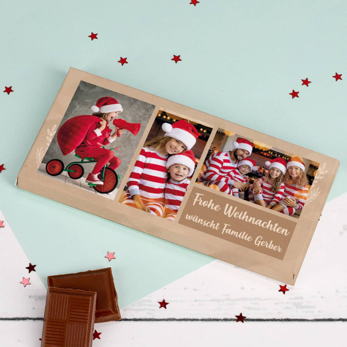 Foto Schokolade zu Weihnachten mit 3 Bildern und zwei Zeilen Wunschtext