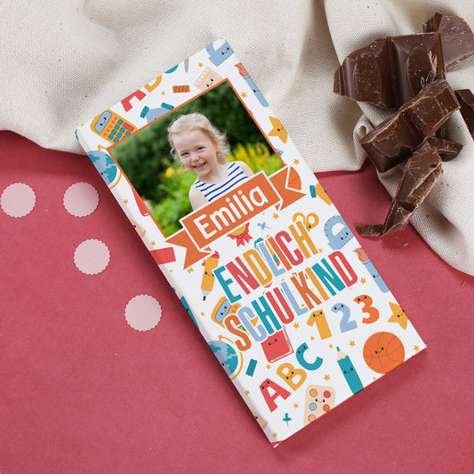 Endlich Schulkind - Schokolade zur Einschulung personalisierbar mit Foto und Wunschname