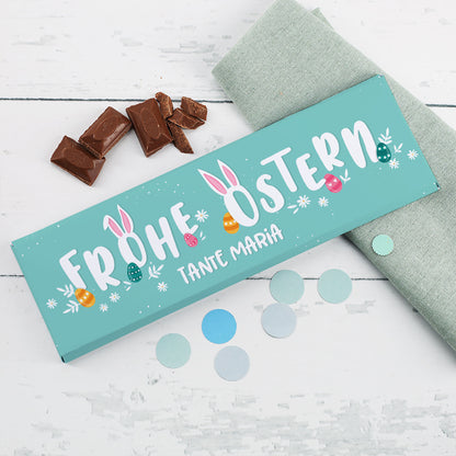 Personalisierte XL Schokolade „Frohe Ostern“ mit Wunschtext TANTE MARIA im mintfarbenen Osterdesign