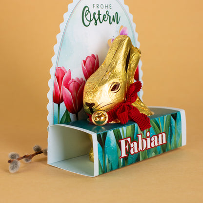 Lindt Goldhase in personalisierter Osterverpackung mit Wunschname "Frohe Ostern"