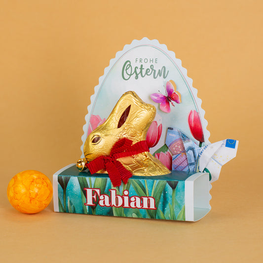 Lindt Goldhase in personalisierter Osterverpackung mit Wunschname "Frohe Ostern"
