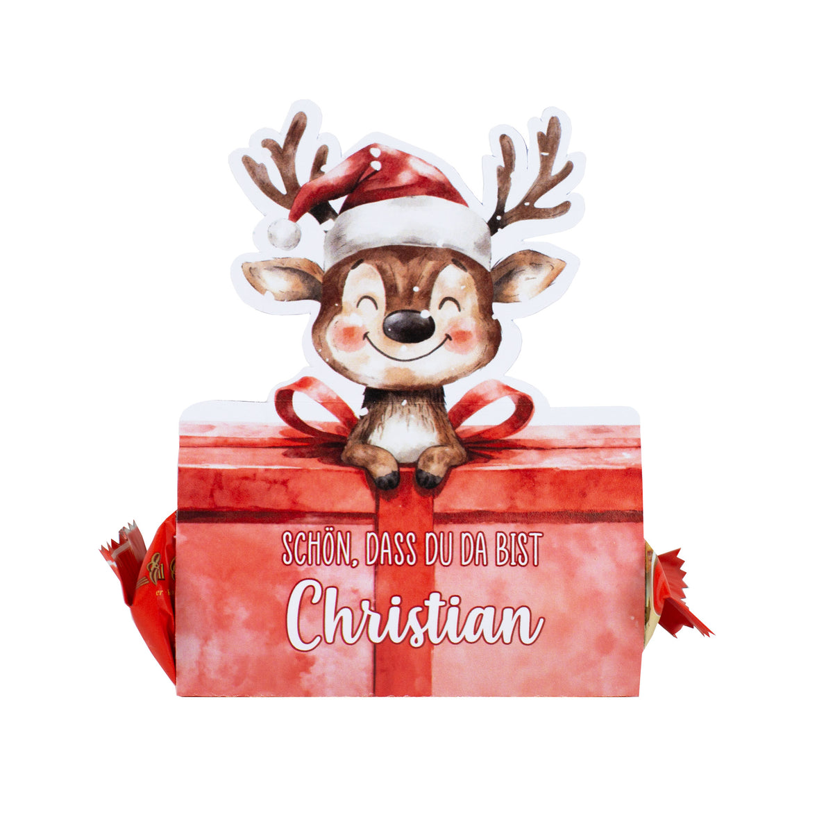 Freigestelltes Produktbild des Rentier-Mini-Stollens mit Verpackungsaufdruck „Schön, dass du da bist! Christian“.