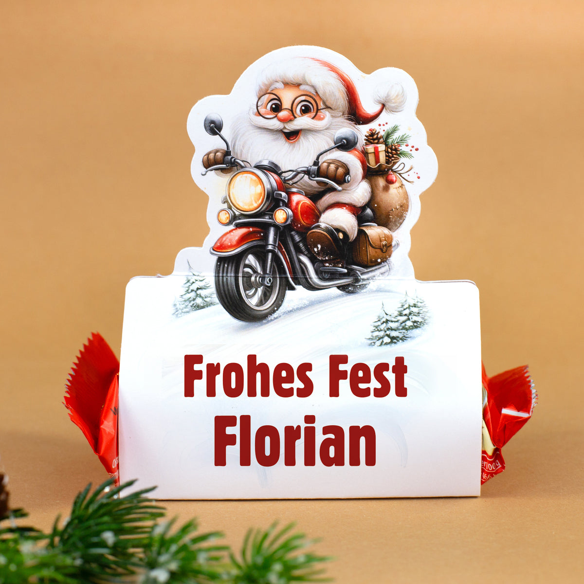 Mini-Stollen als Weihnachtsgeschenk mit Weihnachtsmann auf Motorrad und personalisiertem Text „Frohes Fest Florian“