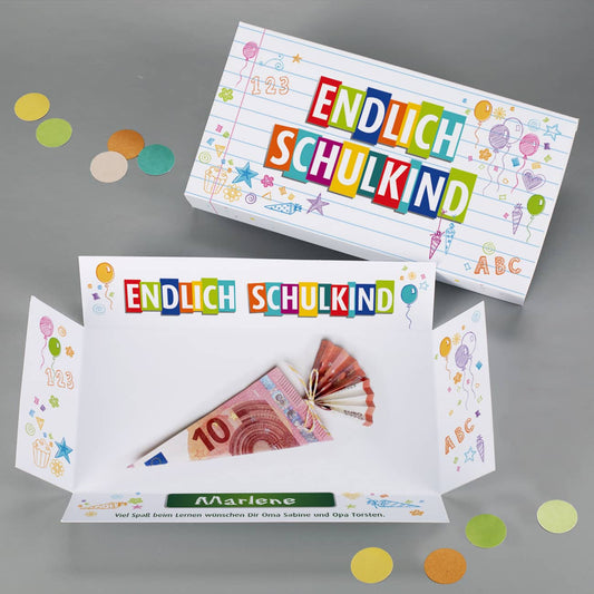 Endlich Schulkind - Box für Geldgeschenk zur Einschulung mit Name & Wunschtext