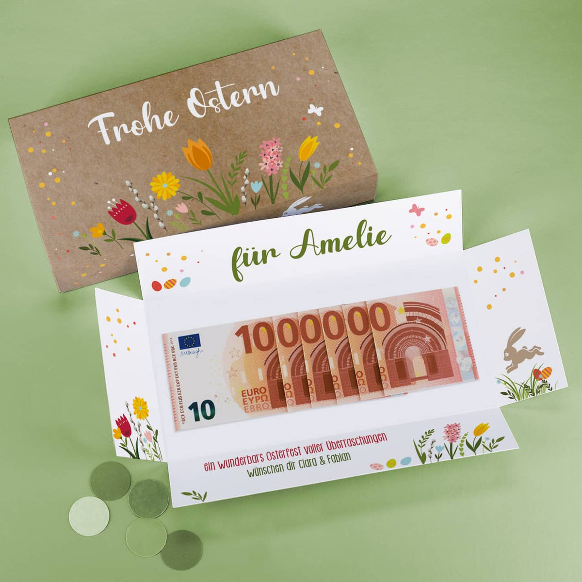 Geldgeschenk zu Ostern, Überraschungsbox mit Name und Text