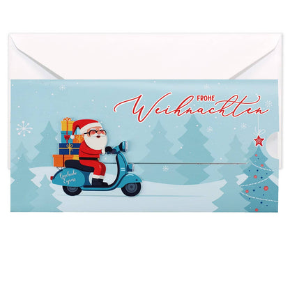 Ziehkarte mit Weihnachtsmann auf Scooter - für Ihre Geldgeschenke zum Fest