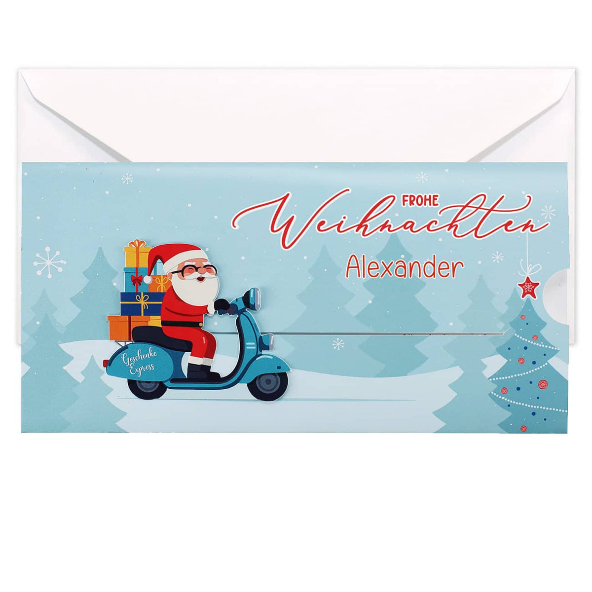 Ziehkarte mit Weihnachtsmann auf Scooter - für Ihre Geldgeschenke zum Fest
