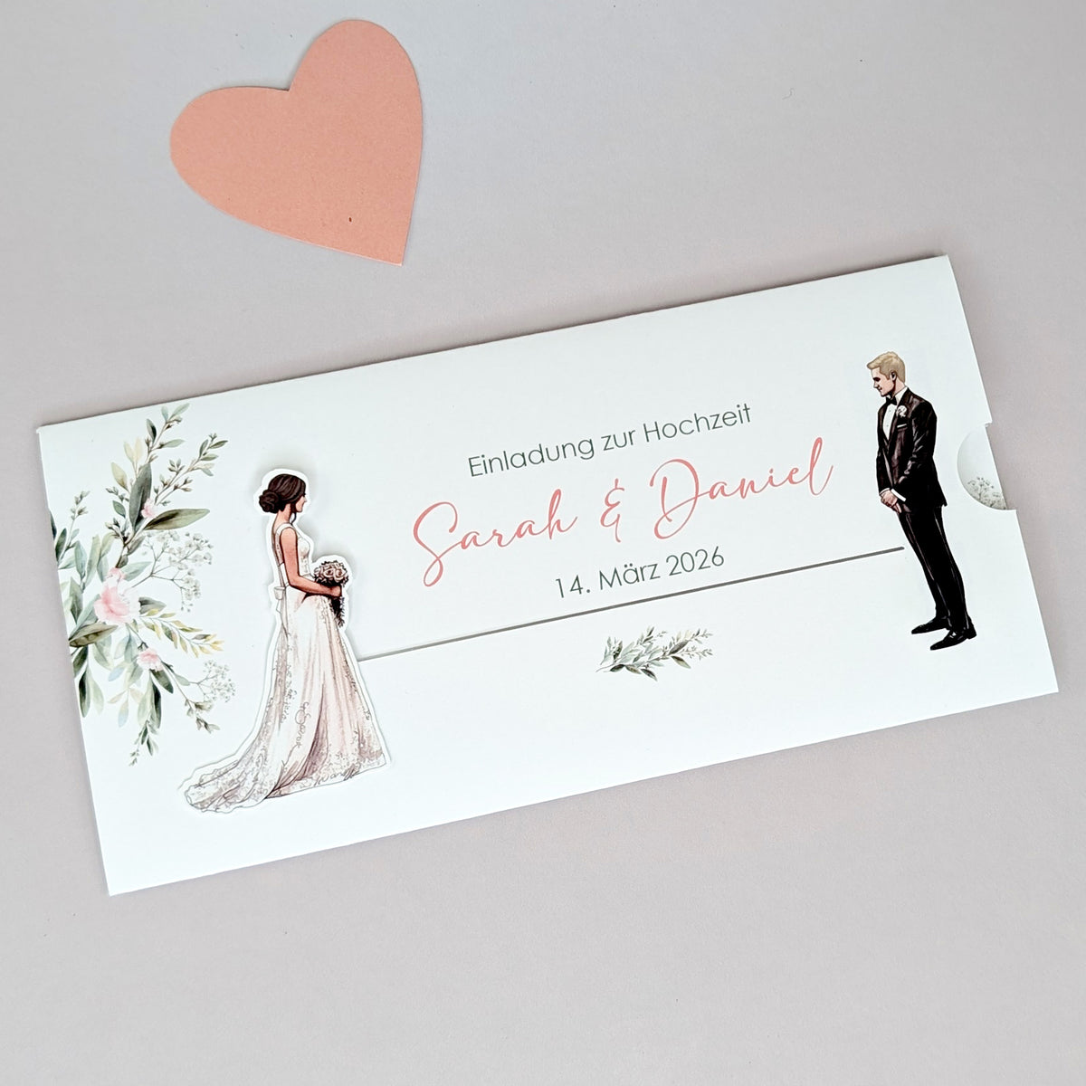 Hochzeitseinladung - Ziehkarte mit Brautpaar und Blättern (Motiv 3)