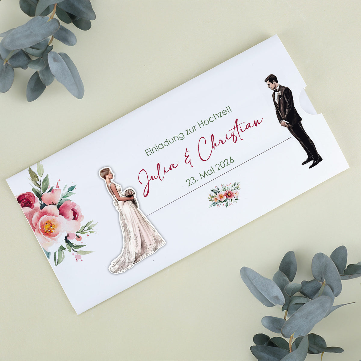 Ziehkarte mit Braut mit Kurzhaarfrisur als Hochzeitseinladung