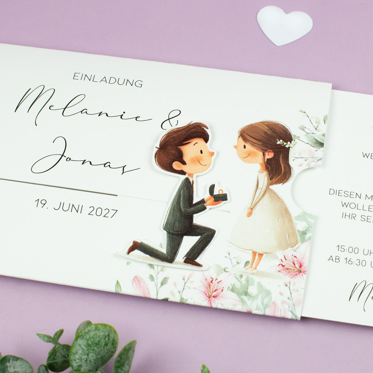 Detailansicht Ziehkarte Hochzeit – Kniefigur mit Ring und floralen Elementen