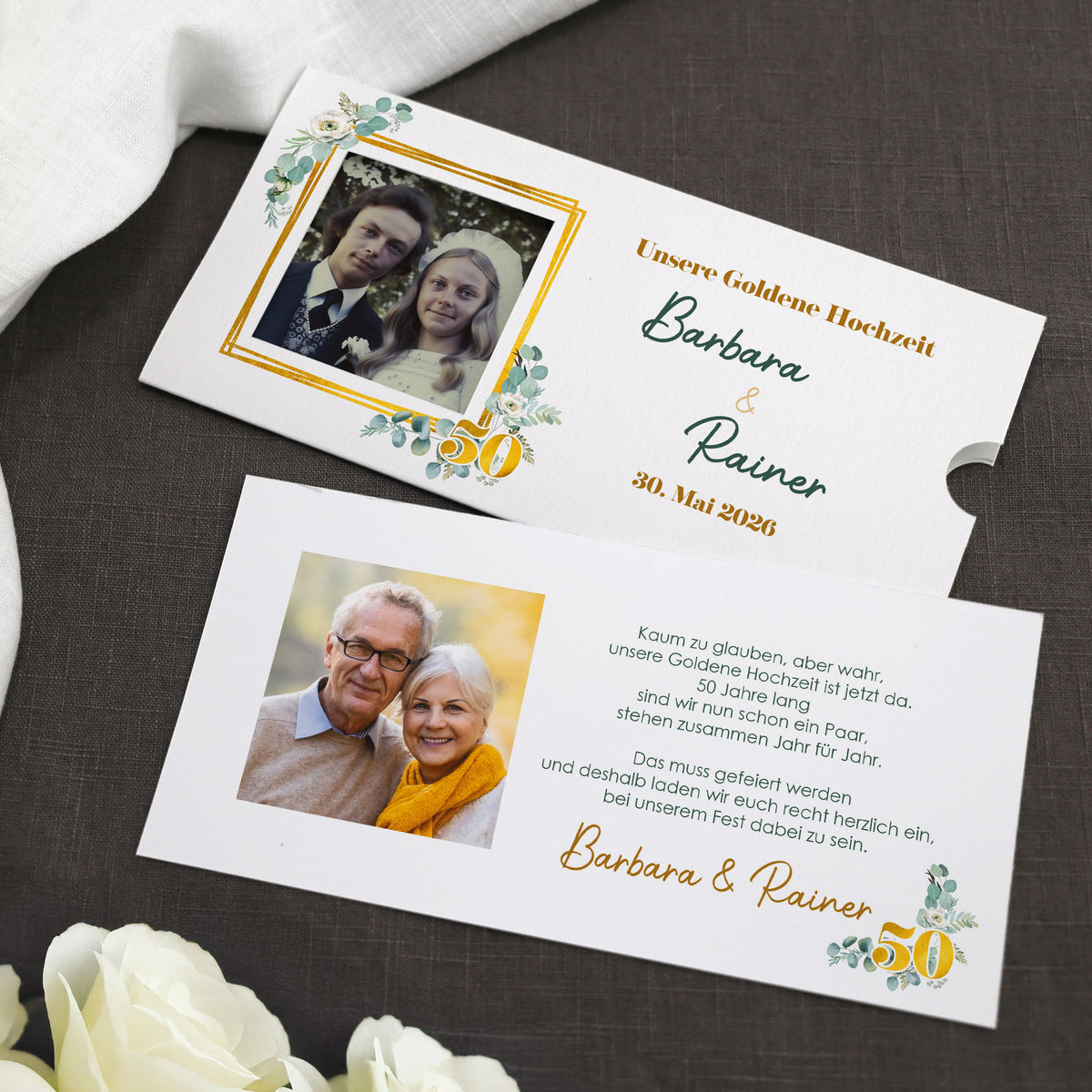 Hochzeitseinladung - Ziehkarte mit zwei Fotos zur Goldhochzeit mit Wunschdaten