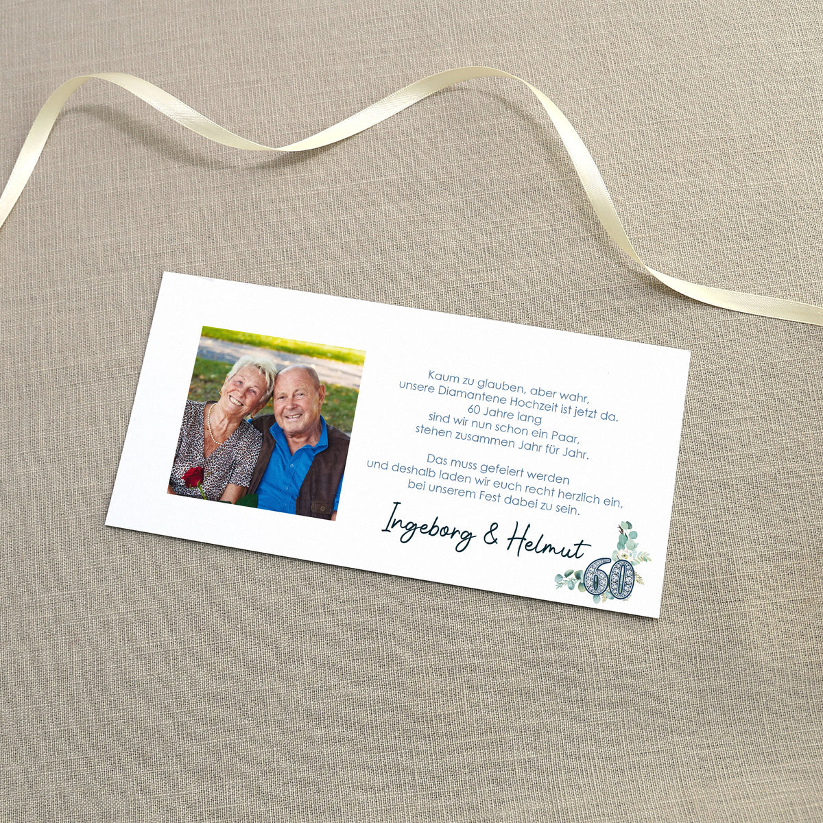 Hochzeitseinladung - Ziehkarte mit zwei Fotos zur Diamantenen Hochzeit mit Wunschdaten