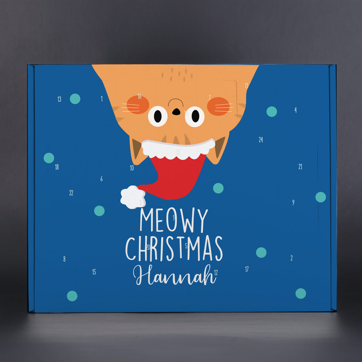 Adventskalender Meowy Christmas mit Katzenmotiv und Name Hannah auf blauem Hintergrund