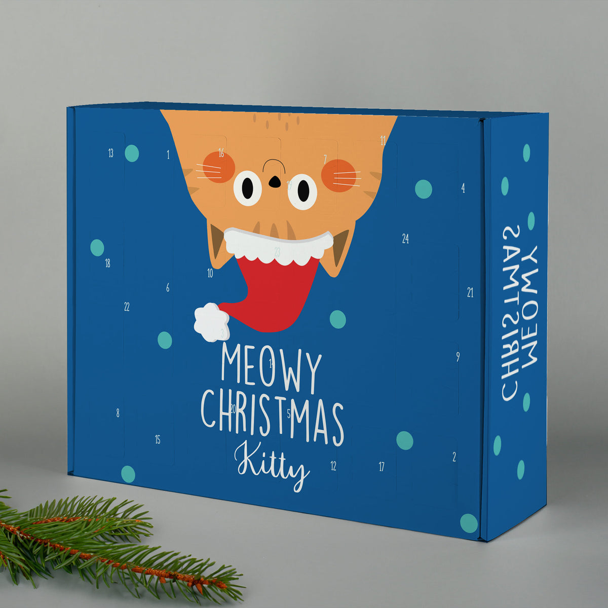 Adventskalender Meowy Christmas mit Katzenmotiv und Name Clara auf grauem Hintergrund