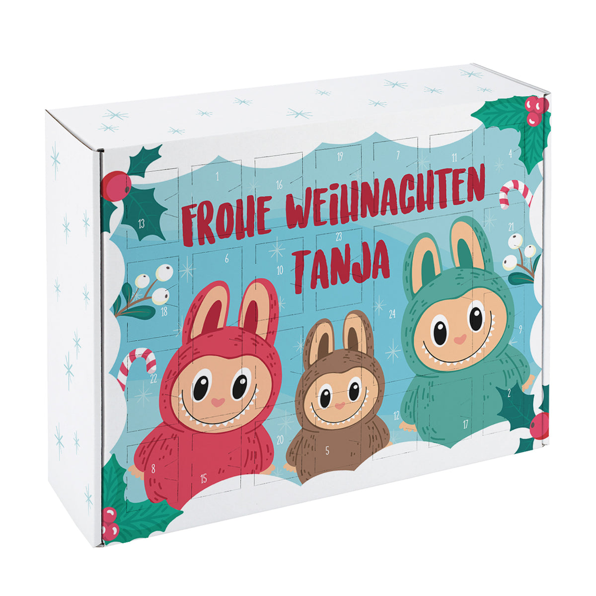 Freisteller des personalisierbaren Adventskalenders „Frohe Weihnachten“ mit niedlichem Monster-Design, 24 Türchen, Beispielname „Tanja“, weiße Hintergrundfreistellung.