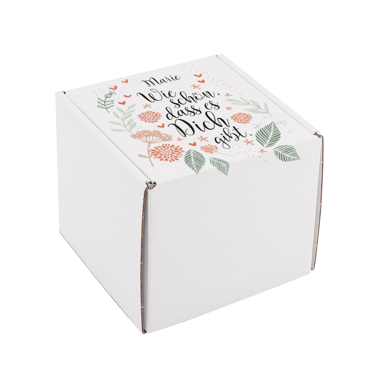 Personalisierte Geschenkbox mit Blumenmotiv, freigestellt auf weißem Hintergrund zur Produktpräsentation.