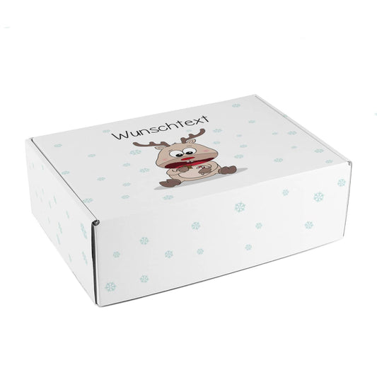 Geschenkverpackung mit niedlichem Rentier und Wunschtext