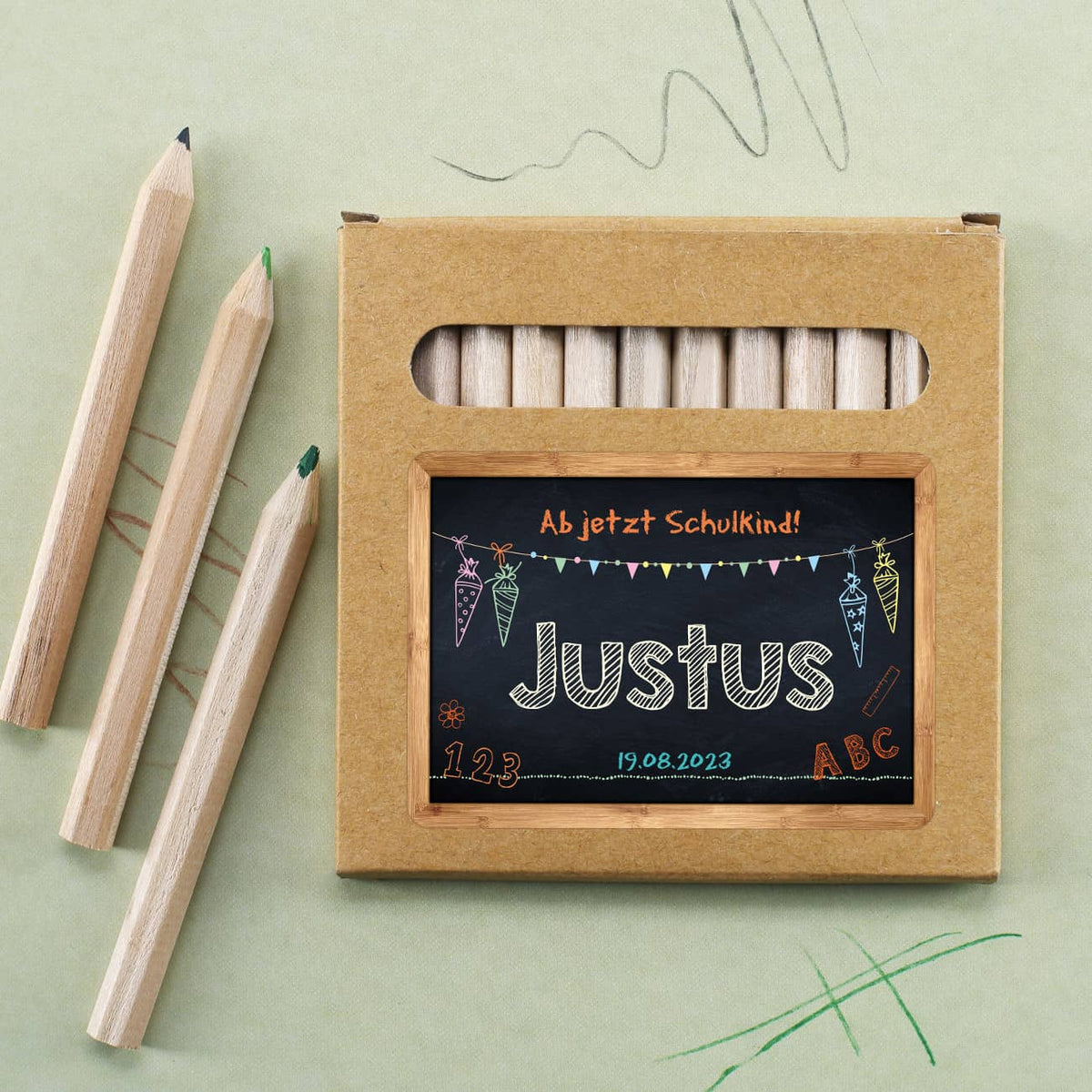 12 Mini Buntstifte zur Einschulung mit Name, Datum & Text personalisiert