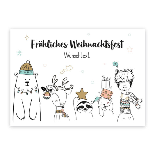 Postkarte zu Weihnachten mit witzigen weihnachtlichen Tieren und Wunschtext