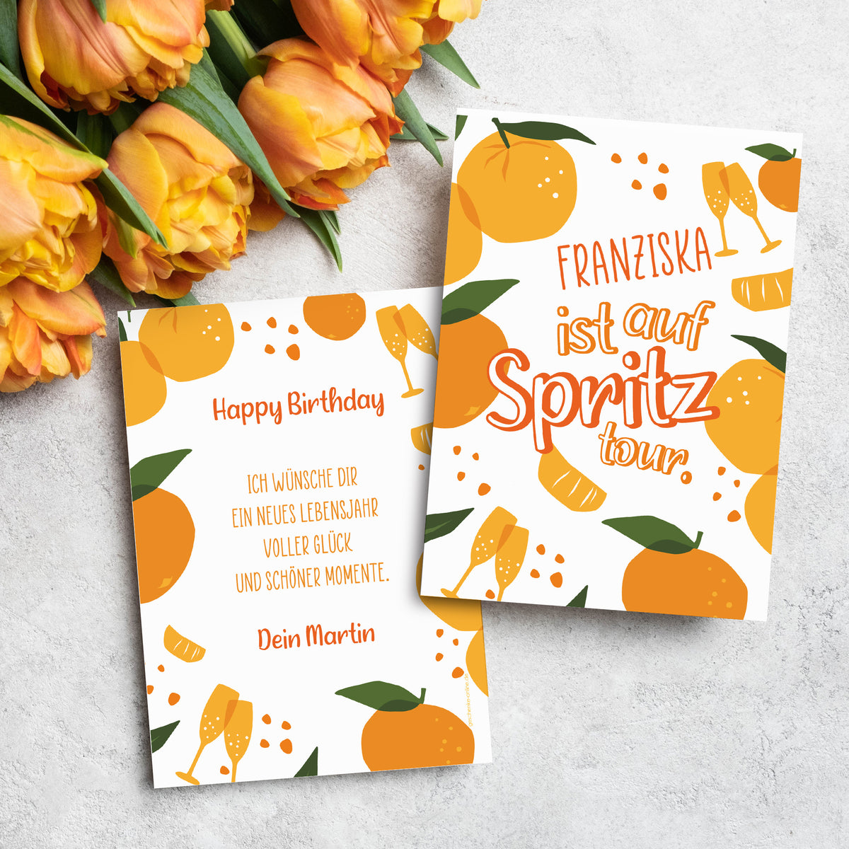 Geburtstagskarte Spritz Tour Set Vorder- und Rückseite mit individuellem Druck