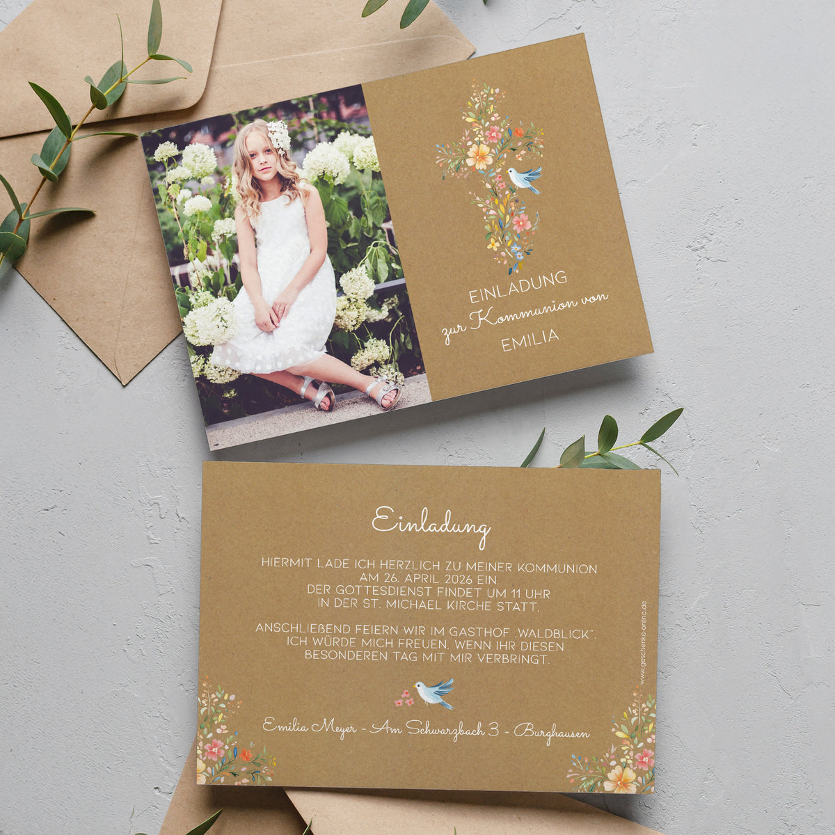 Einladungskarte zur Konfirmation, Kommunion, Taufe mit Foto & Wunschdaten | Blumenkreuz
