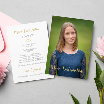 Einladungskarte zur Konfirmation, Kommunion, Taufe mit Foto & Wunschdaten | Danksagung
