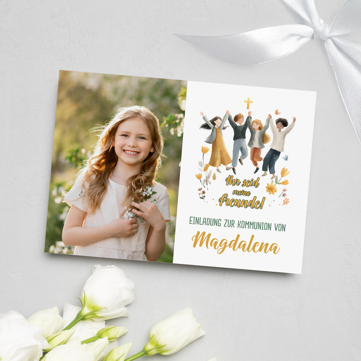 Einladung zur Kommunion mit Jungenfoto – Motto „Ihr seid meine Freunde“ und Name auf der Vorderseite