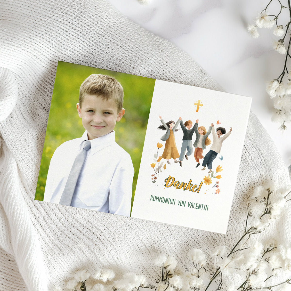 Danksagung zur Kommunion mit Foto – personalisierte Karte für Mädchen und Jungen im modernen Design