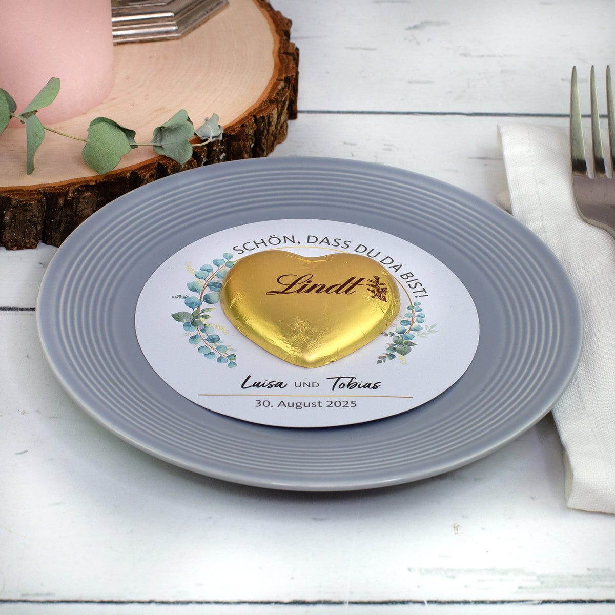 Gastgeschenk zur Hochzeit oder Taufe - persönlich bedruckte Karte mit Lindt-Schokoherz zur Hochzeit oder Taufe