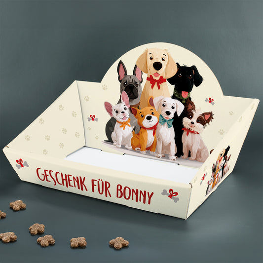 Personalisierter Geschenkkorb für Hunde mit Wunschtext und Hundemotiv