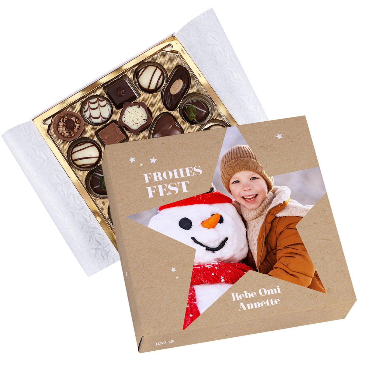 Personalisierte Lindt Pralinen Frohes Fest mit Sternmotiv, Foto und Wunschtext.
