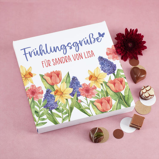 Lindt Pralinenbox Frühlingsgrüße personalisiert mit Wunschtext von Familie Schneider