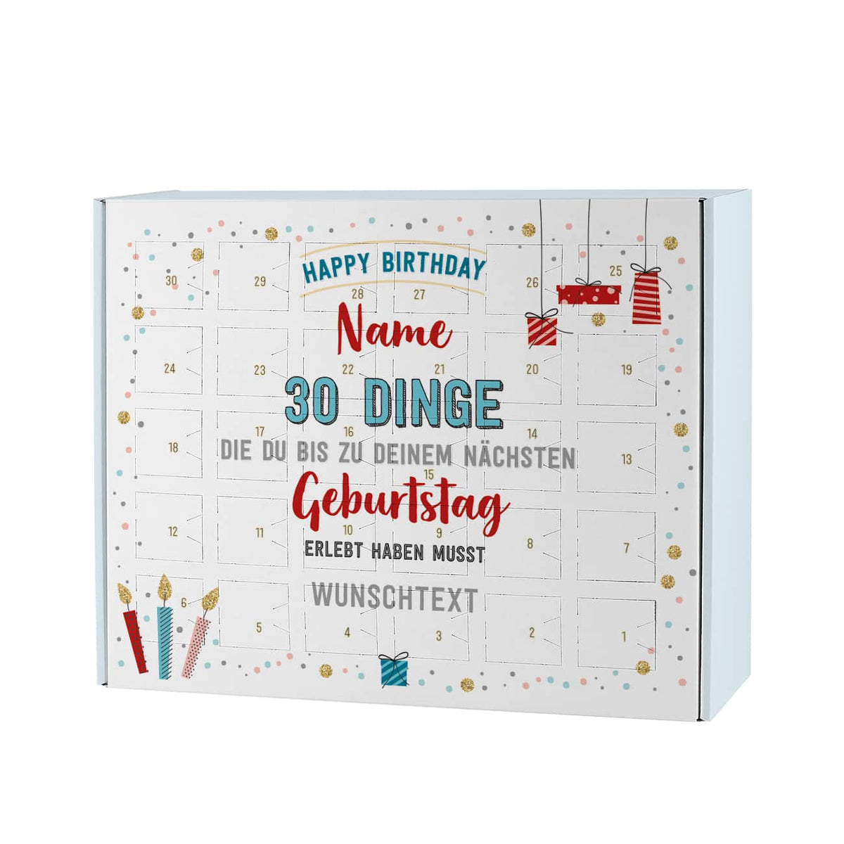 DIY Gutschein Kalender zum Geburtstag - mit 30 Türchen, Name und Wunschtext