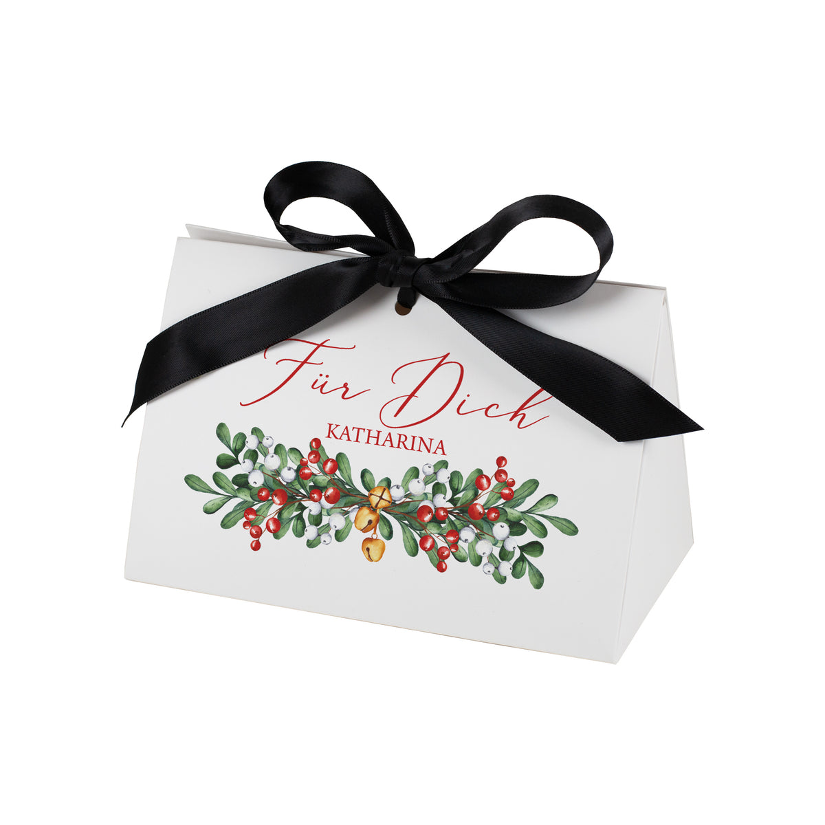 Freigestellte personalisierte Weihnachts-Geschenktasche mit Aufdruck „Für Dich Katharina“, Beerenzweig und schwarzer Schleife