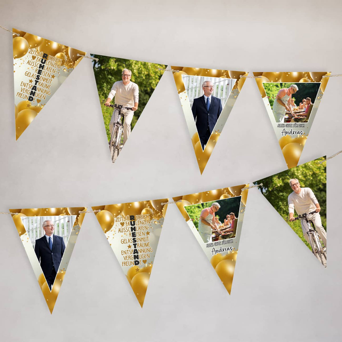 Girlande mit goldenem Ballonmotiv und Fotos zur Rente
