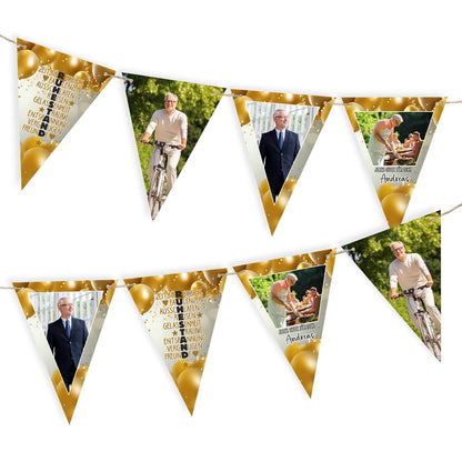 Girlande mit goldenem Ballonmotiv und Fotos zur Rente
