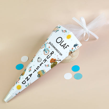 kleine Schultüte zum Renteneintritt mit Personalisierung und "Glückwunsch zum Ruhestand" als Geschenkidee für Rentner