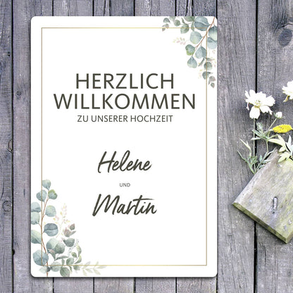 Willkommensschild zur Hochzeit mit Ihren Wunschnamen und Eukalyptusmotiv 70x50cm