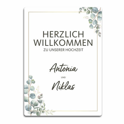 Willkommensschild zur Hochzeit mit Eukalyptusmotiv und Namen