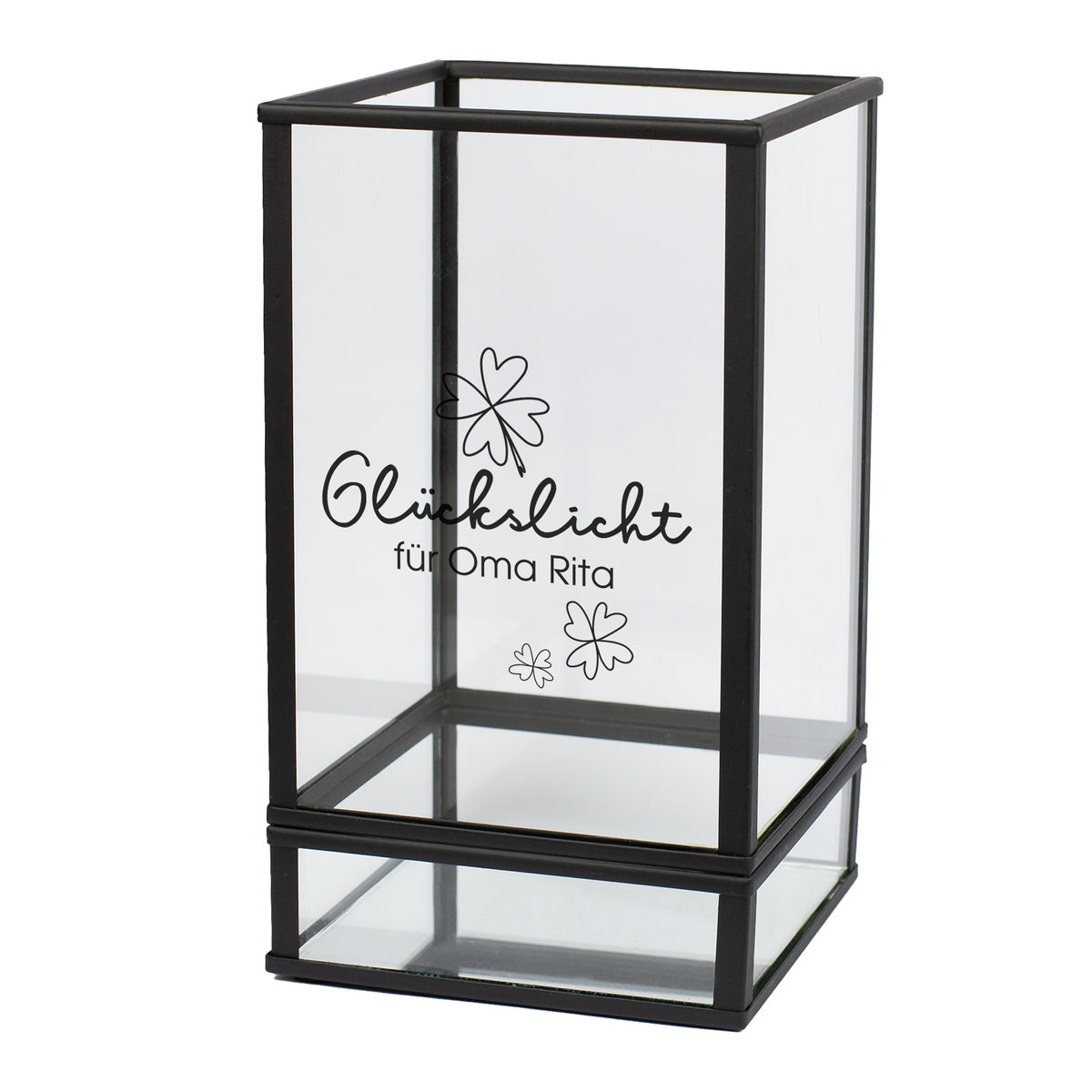 Schwarzes Windlicht Glückslicht aus Glas mit Wunschtext
