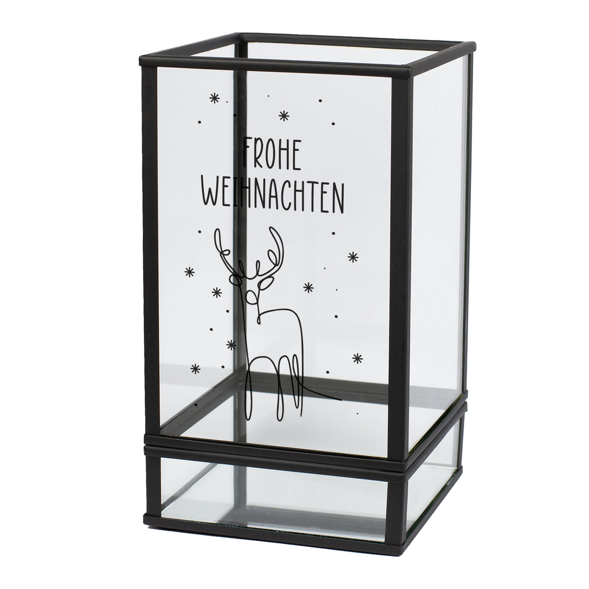 Weihnachtslaterne aus Glas und Metall mit Hirsch-Motiv und Aufschrift Frohe Weihnachten