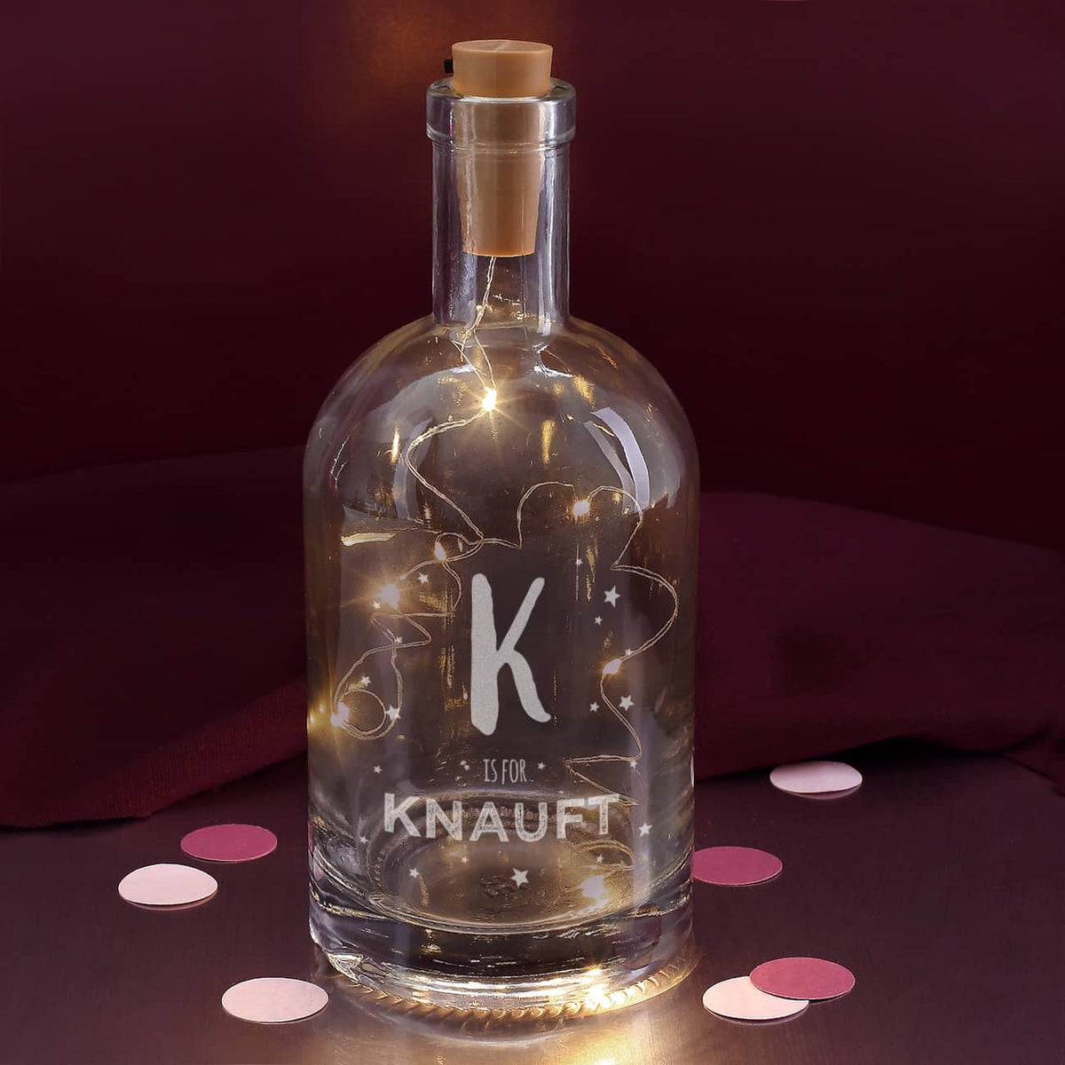 gravierte Flasche mit Initiale, Name und LED-Flaschenlicht