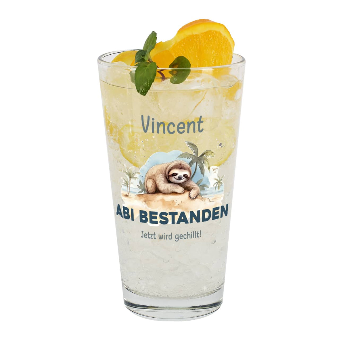 ABI & Schulabschluss - Glas mit Faultier-Motiv und Ihrem Text