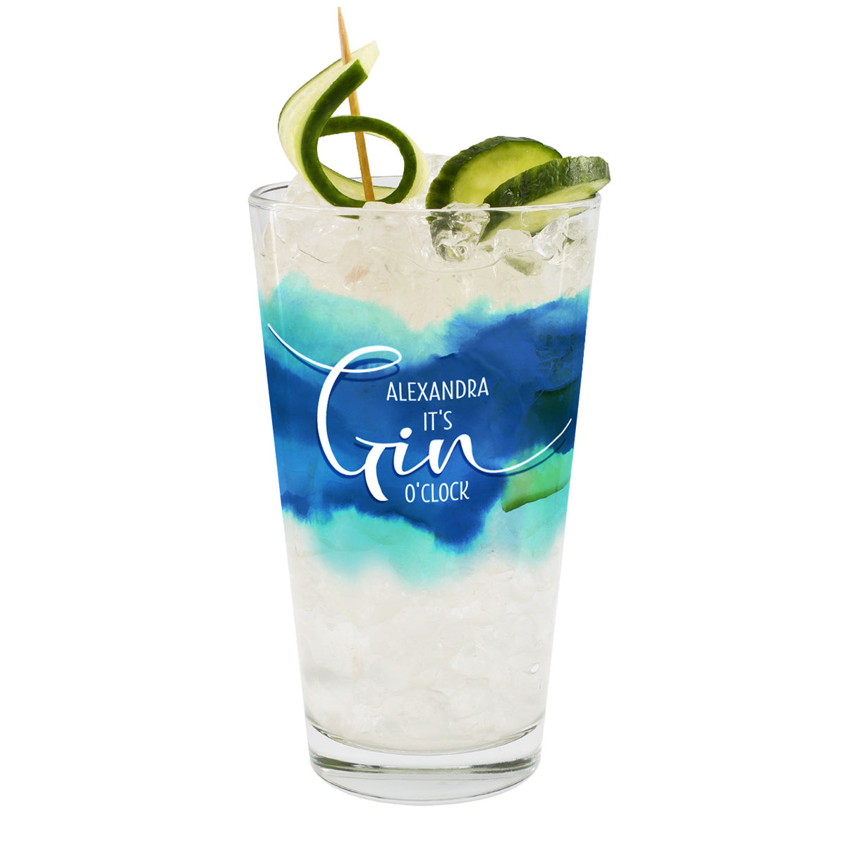 Umlaufend bedrucktes Longdrinkglas für Gin mit blau-türkisem Watercolour und Wunschname