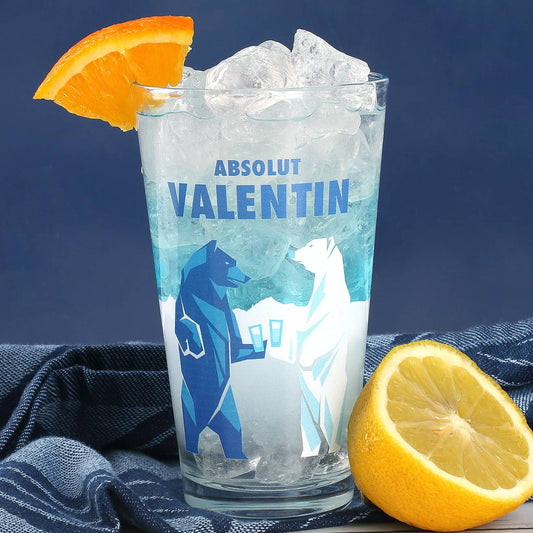Longdrinkglas mit umlaufendem Aufdruck trinkender Eisbären in Winterlandschaft und Wunschname